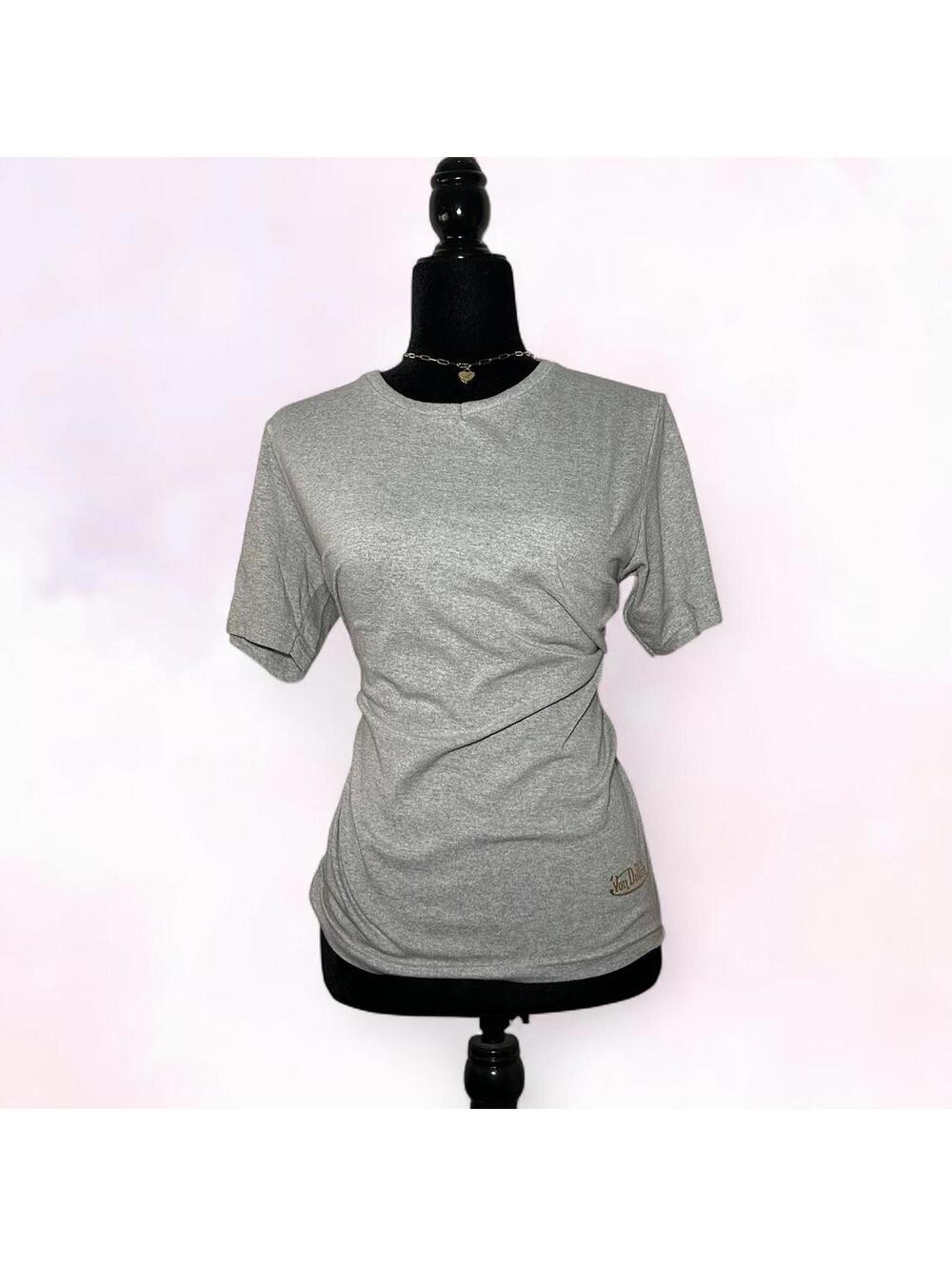 Von Dutch Grey V-Neck T-Shirt Gold Logo Size Medium Y2K McBling Streetwear - Picture 1 of 6
